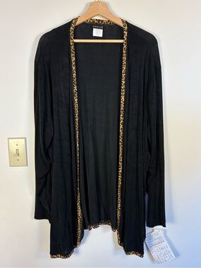Citiknits QVC Cardigan 2X Leopard Trim Black Travel Knit Acetate NEW